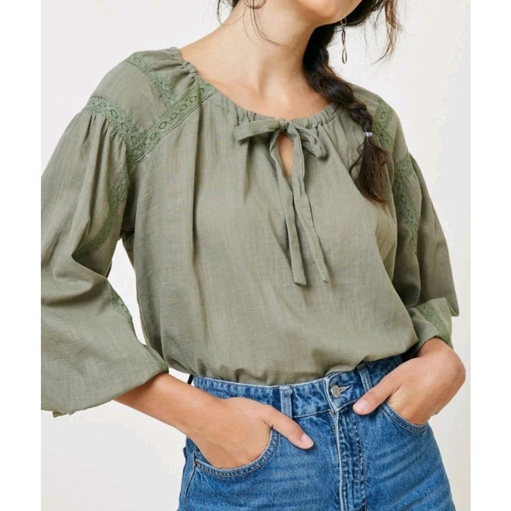 Hayden Los Angeles Lace Accent Puff Sleeve Tunic Top Size M NWT $55 100% Cotton